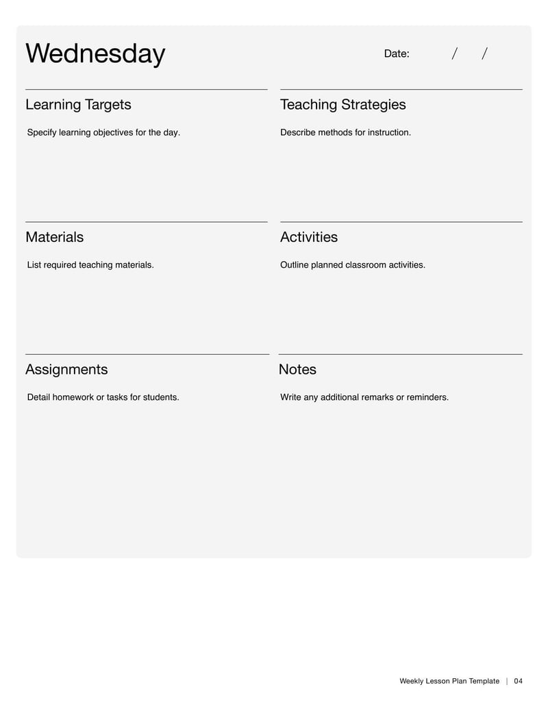 Weekly Lesson Plan Template for organizing weekly instructional activities and objectives