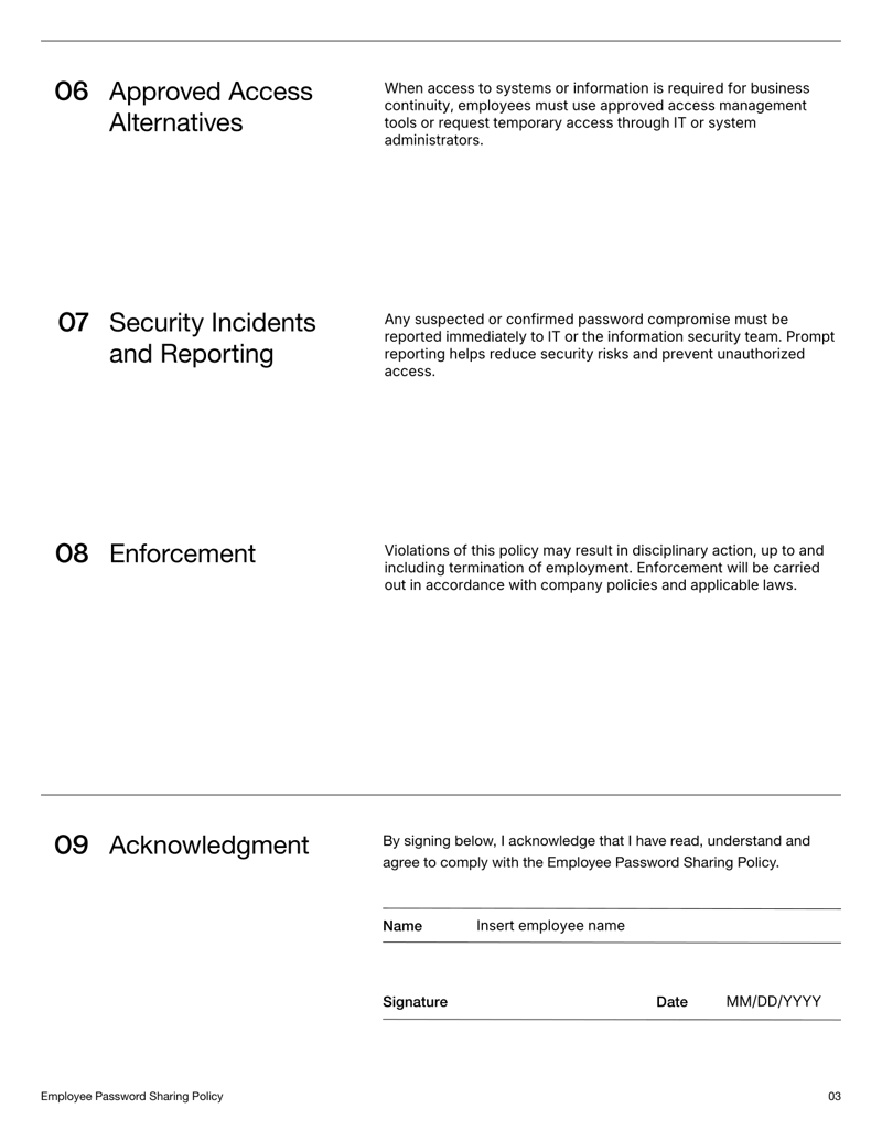 Employee Password Sharing Policy document defining password protection rules and prohibited sharing practices 