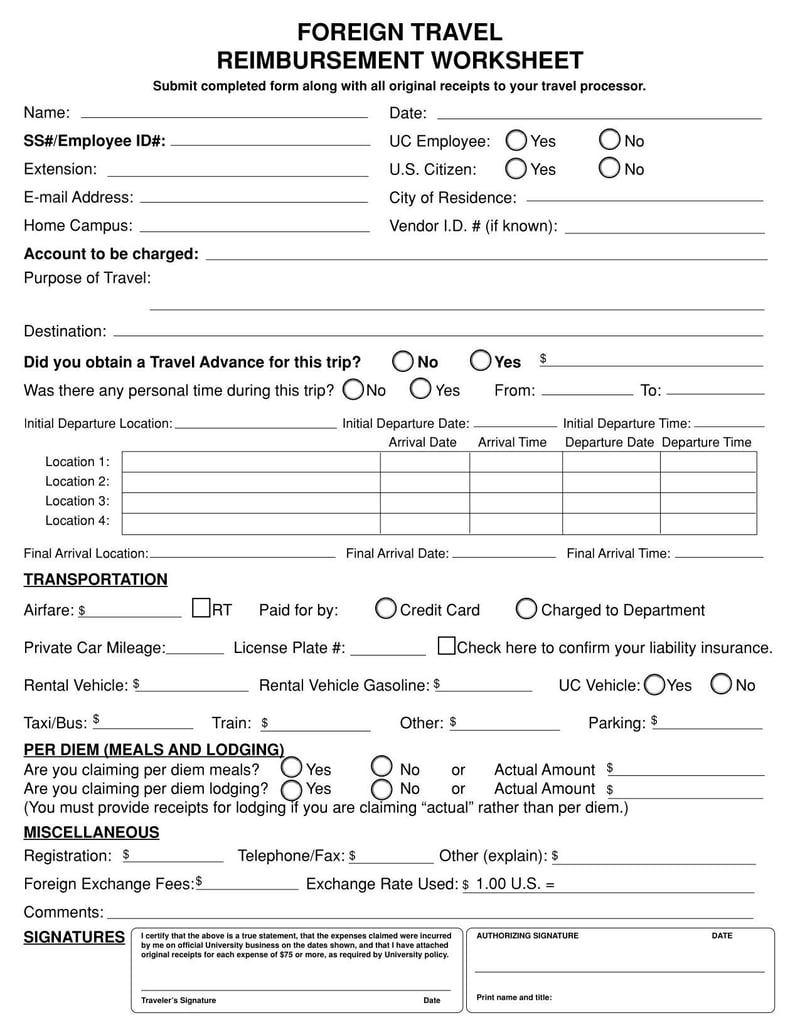 Large thumbnail of California Foreign Travel Reimbursement Worksheet