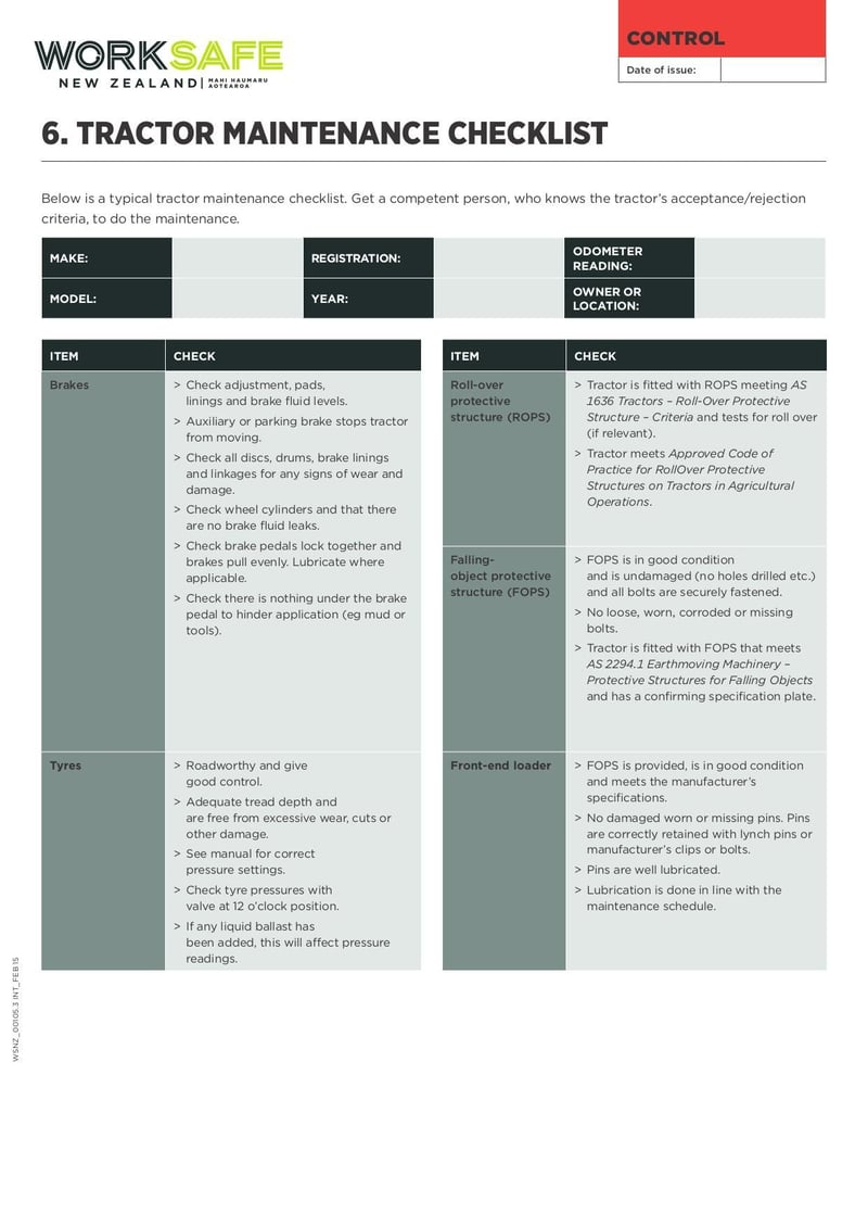 Large thumbnail of Form 6 Tractor Maintenance Checklist - Feb 2018