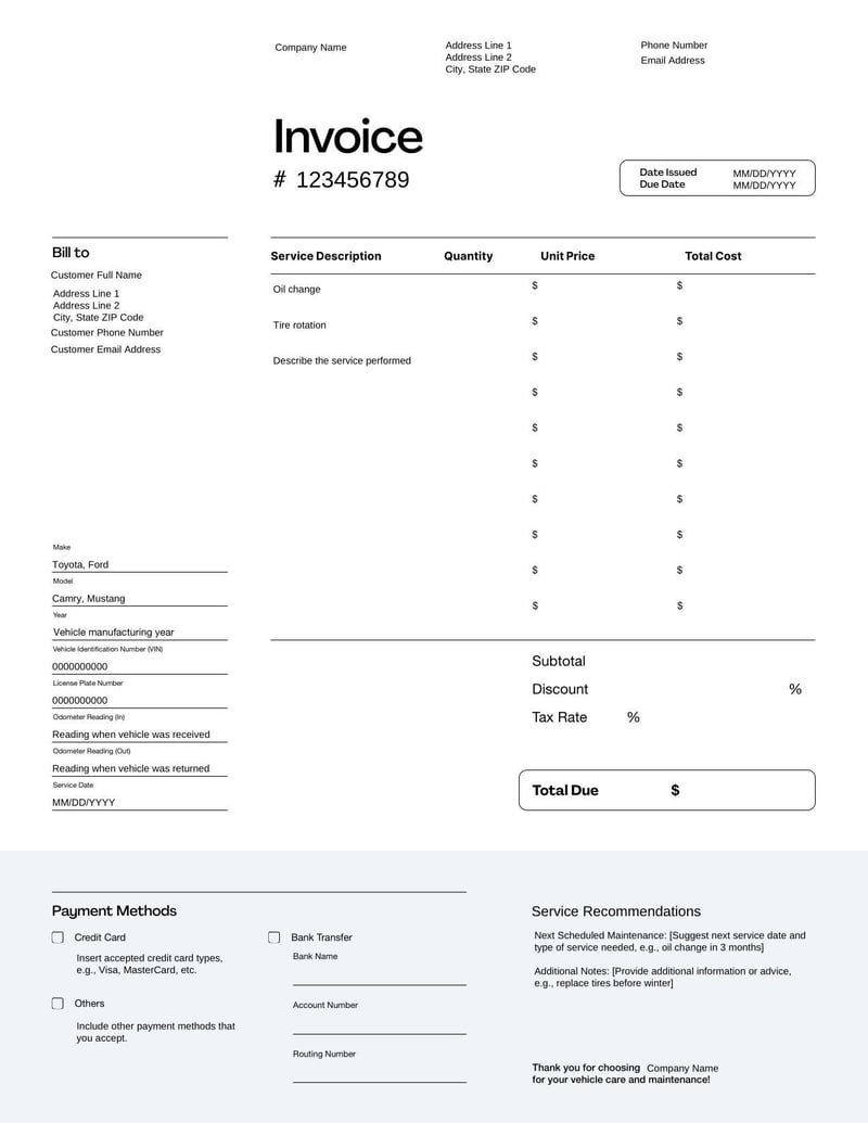 Auto Service Invoice Template for detailing car repairs, maintenance services, and associated costs