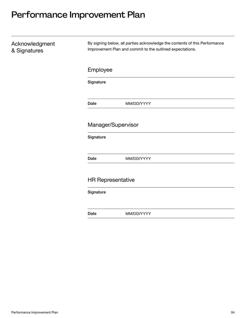 Performance Improvement Plan Form for outlining performance issues and steps for employee development