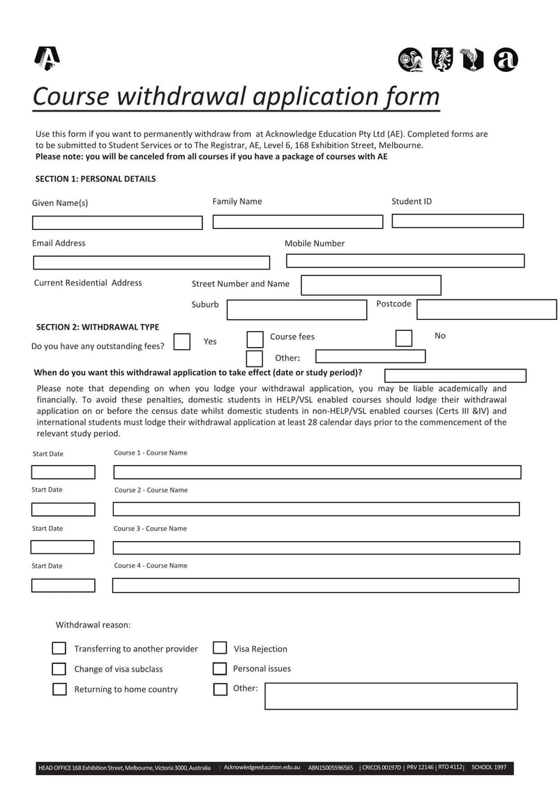 Large thumbnail of Acknowledge Education Course Withdrawal Application Form