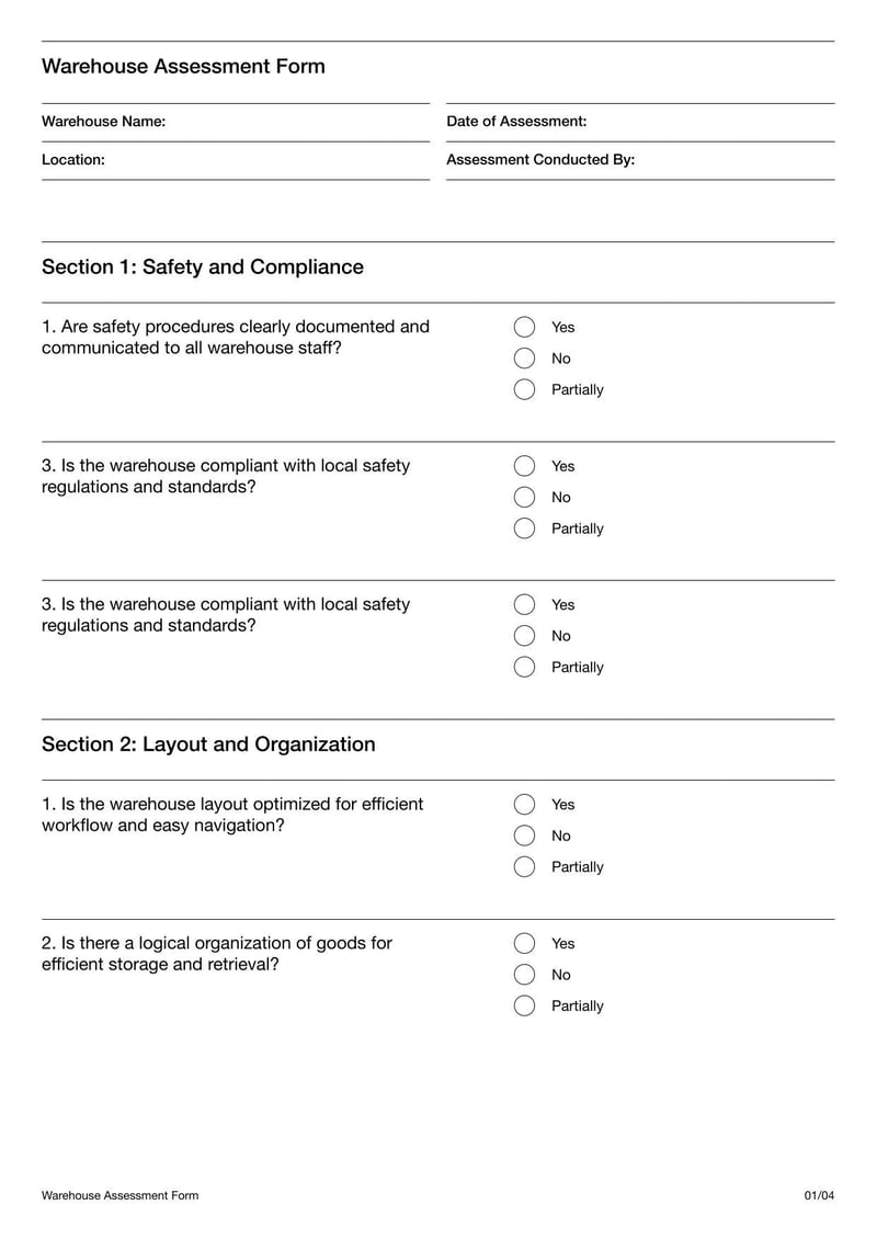 Warehouse Assessment Form evaluating storage facility conditions, including safety and inventory management