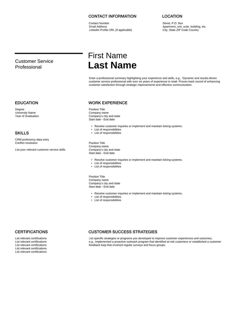 Customer Service Resume Template for emphasizing communication skills, problem-solving, and customer interaction experience