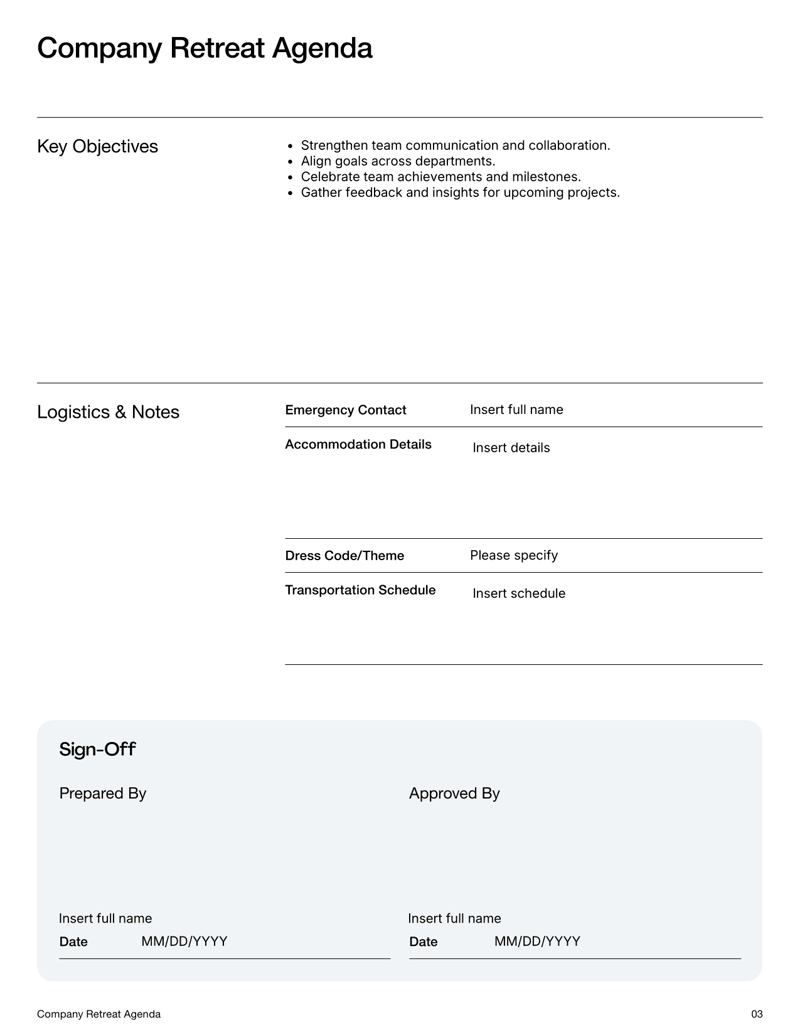 Company Retreat Agenda with daily schedules, activity tables, goals section and logistics details for event planning