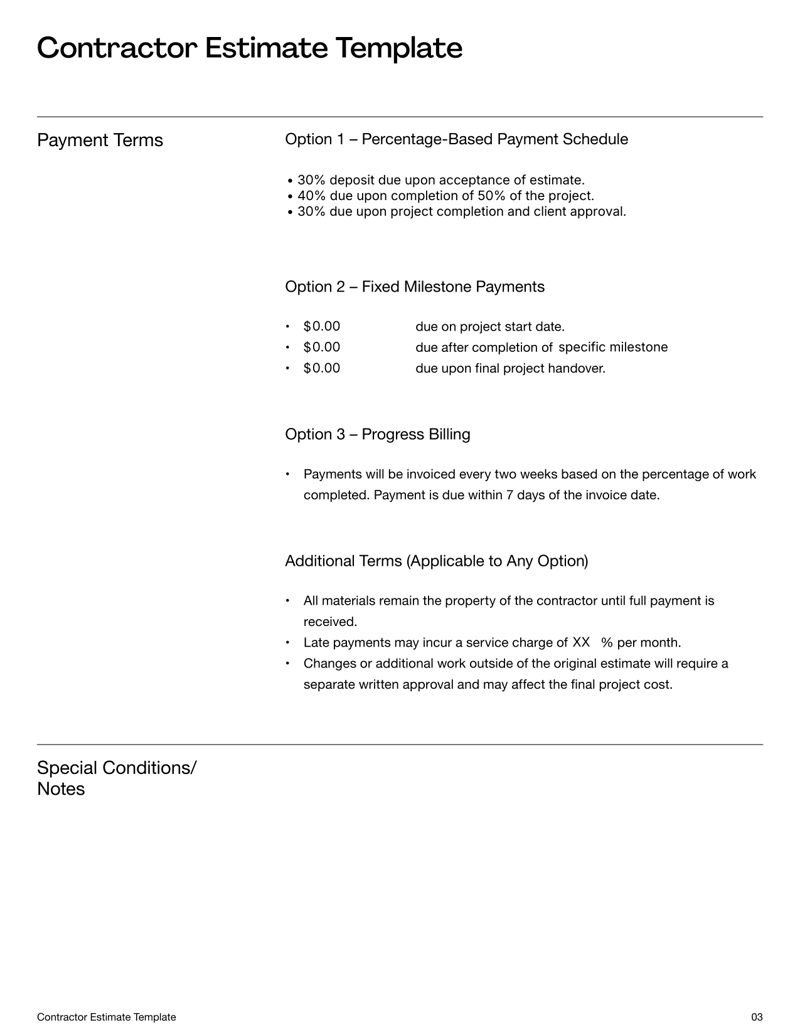 Contractor Estimate showing project details, cost breakdown and contractor information