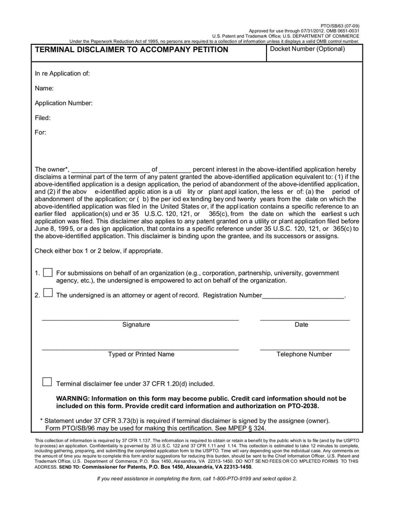 Large thumbnail of Form PTO-SB-63 - Jul 2009