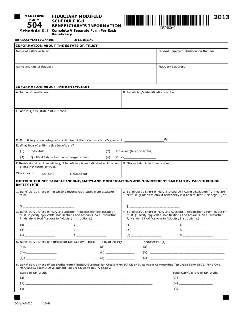 Large thumbnail of Maryland Form 504 Schedule K-1 - Sep 2017