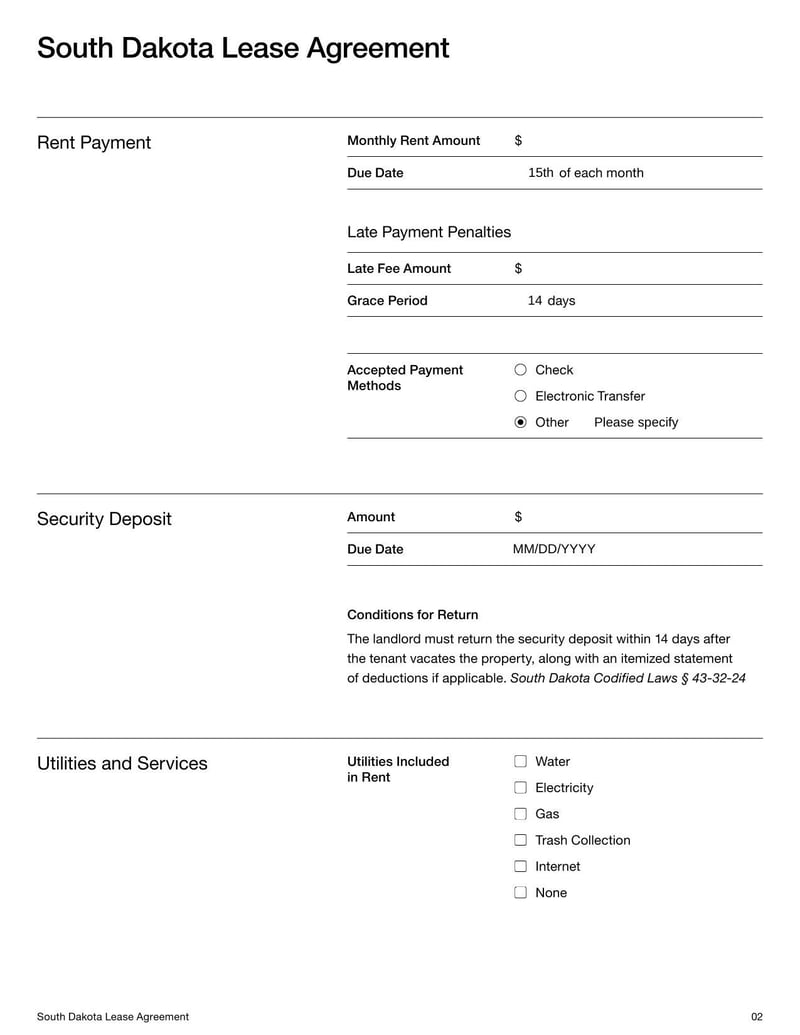 Large thumbnail of South Dakota Lease Agreement Template