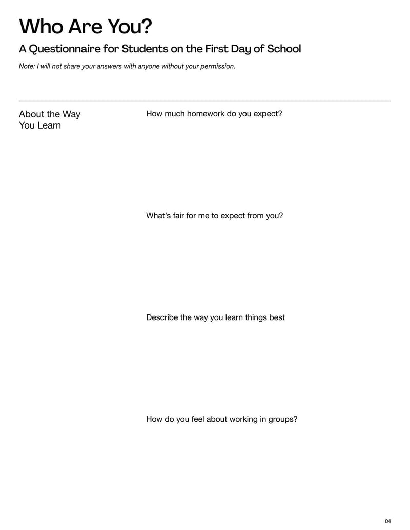 Large thumbnail of First Day of School Survey Template