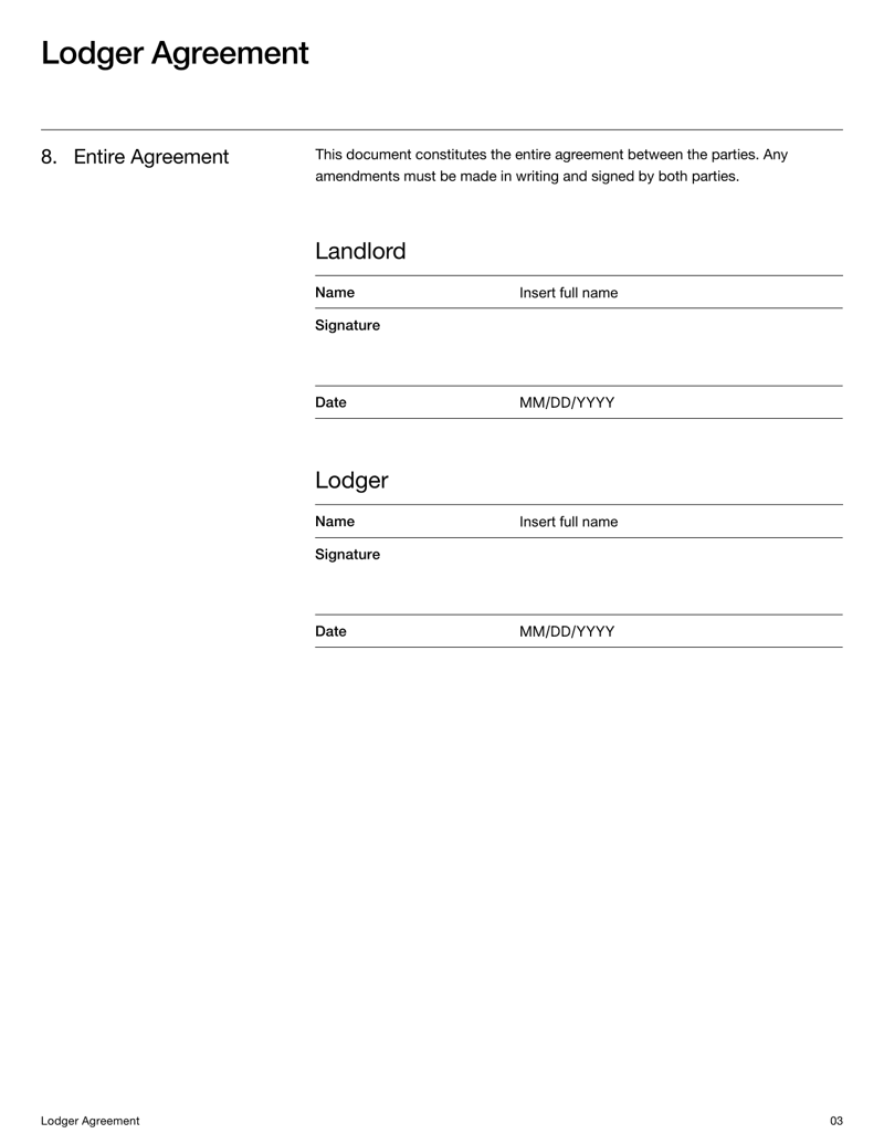 Lodger Agreement Template with formal clauses for rent terms, security deposit, house rules and signatures for landlord and lodger