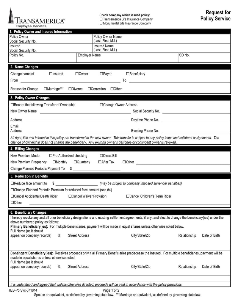 Large thumbnail of Transamerica Change Form - May 2019