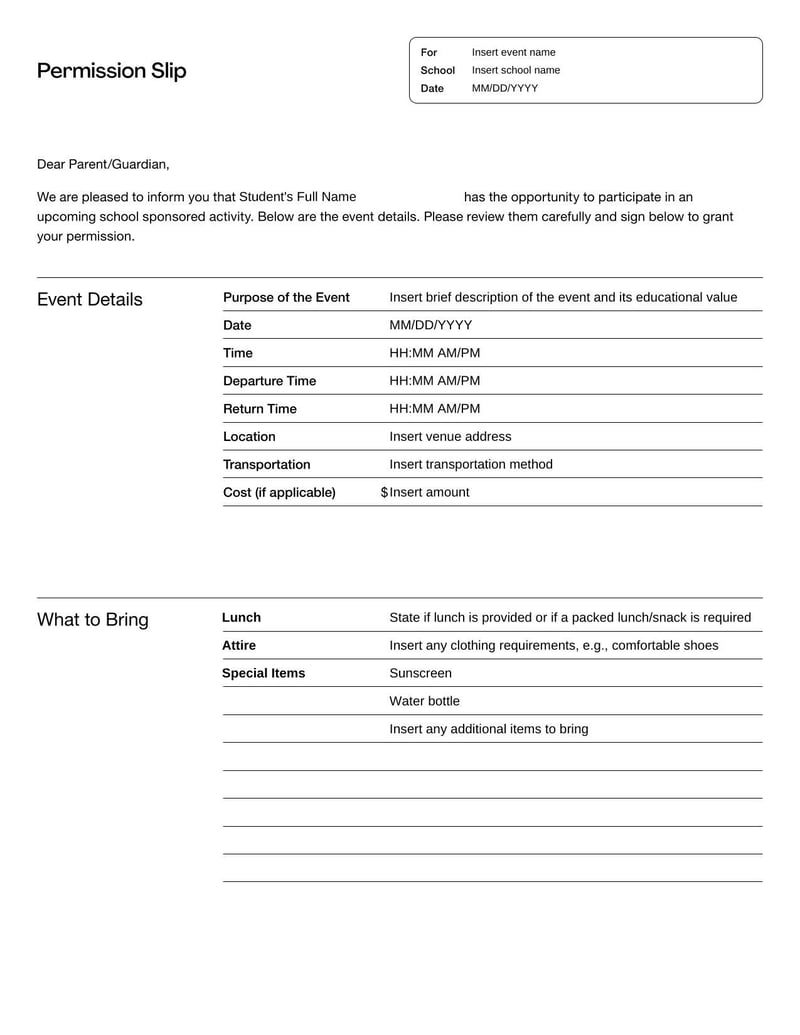 Permission Slip Template to collect parent consent for activities