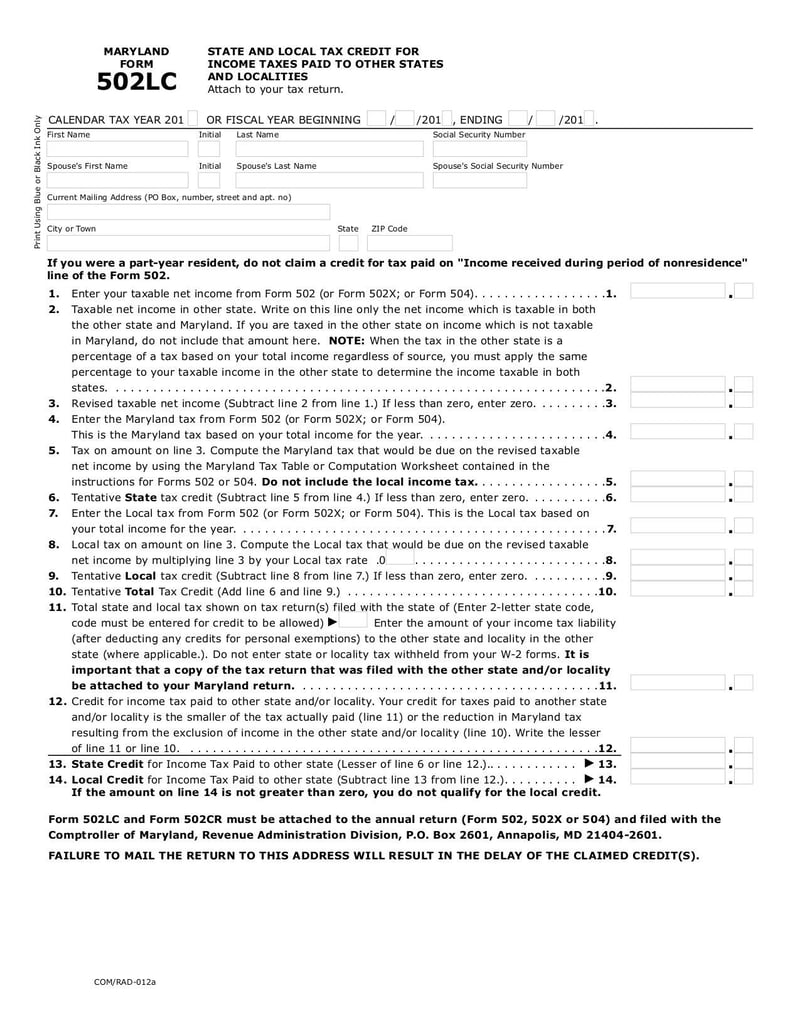 Large thumbnail of Maryland Form 502LC - Jul 2015