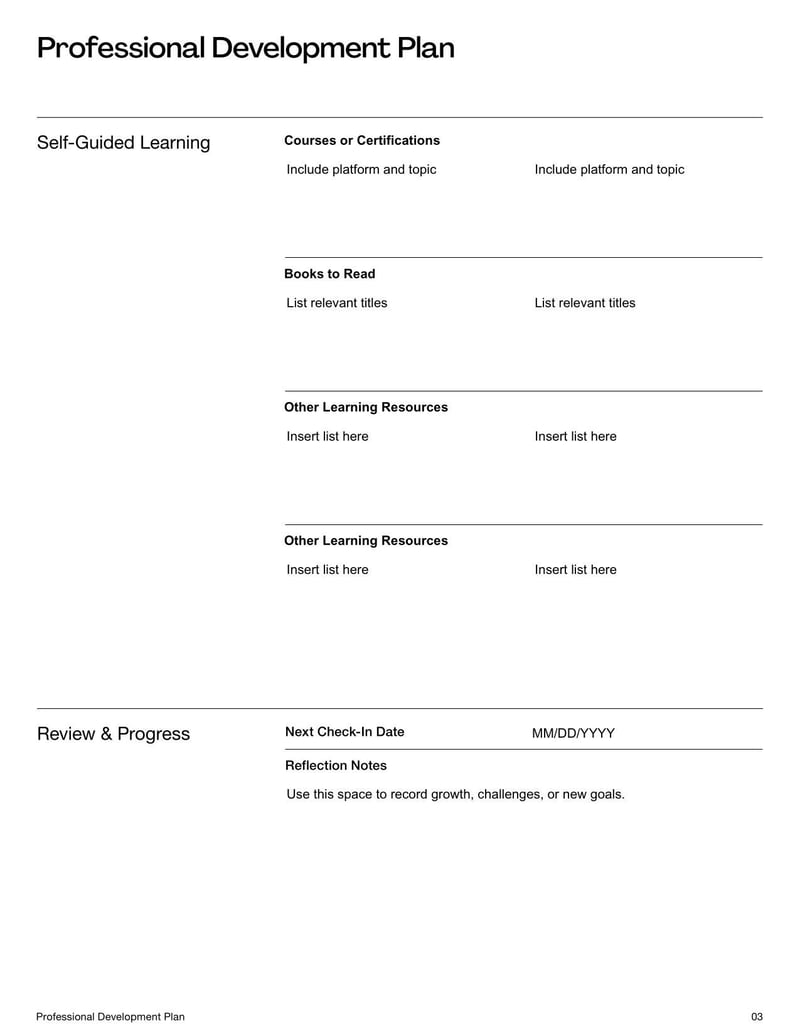 Professional Development Plan Form for outlining employee growth goals and training