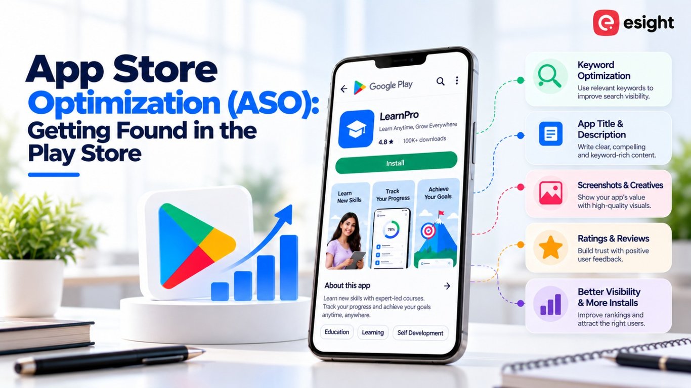 App Store Optimization (ASO) for Play Store visibility, showing a mobile app listing with keyword optimization, app title and description, screenshots and creatives, ratings and reviews, and strategies to increase app visibility and installs.