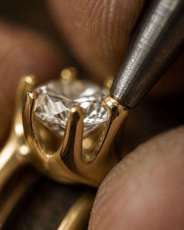 A setting tool pressing a claw over the girdle of a diamond in a gold mount