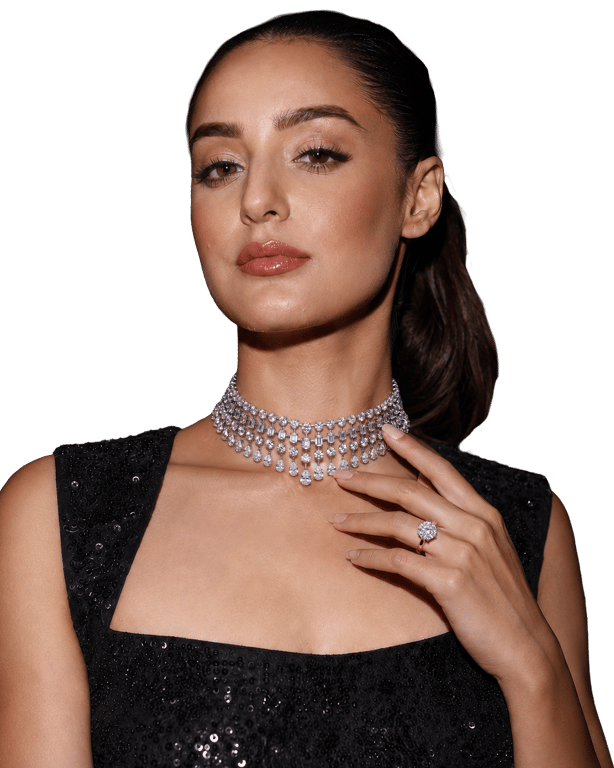 Carbon diamond choker and cocktail ring worn with black sequins