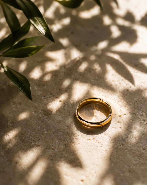 A gold band in a patch of dappled sunlight on a pale surface