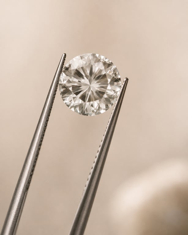 A loose round brilliant diamond held in fine steel tweezers