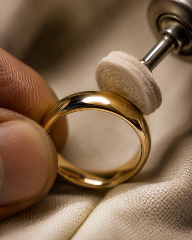 A finished gold ring being polished to its final lustre