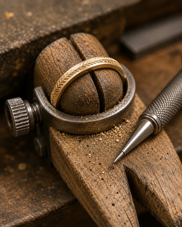 A gold band held in a ring clamp on a goldsmith’s bench, with gold dust and a graver
