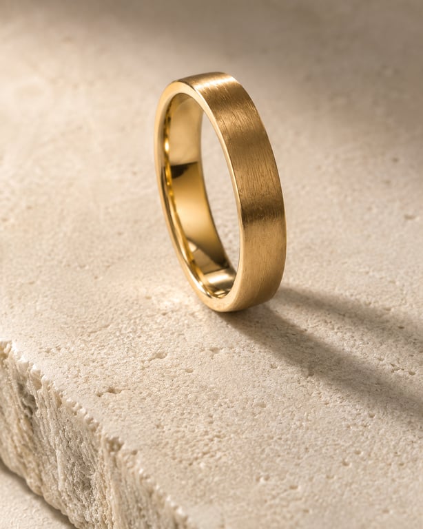 A brushed gold band standing on its edge on a pale stone slab