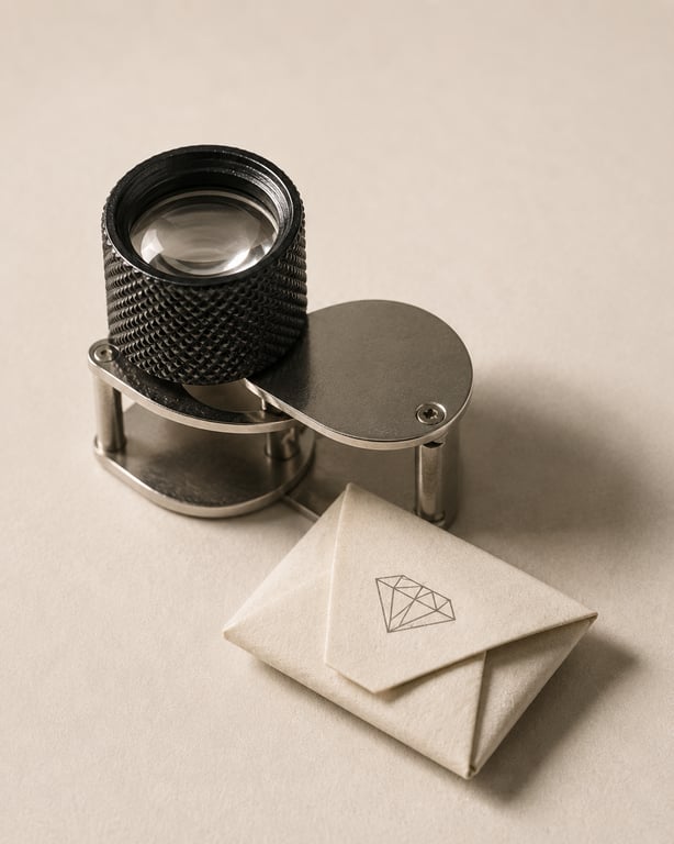 A jeweller’s loupe beside a folded paper diamond parcel