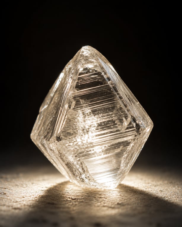 A rough lab-grown diamond crystal backlit to reveal its internal structure