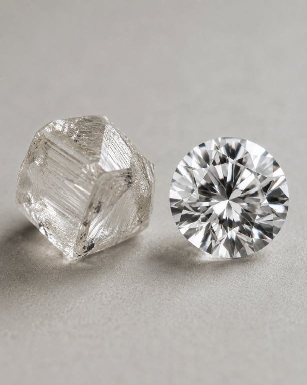 A rough diamond crystal beside the polished brilliant cut from it