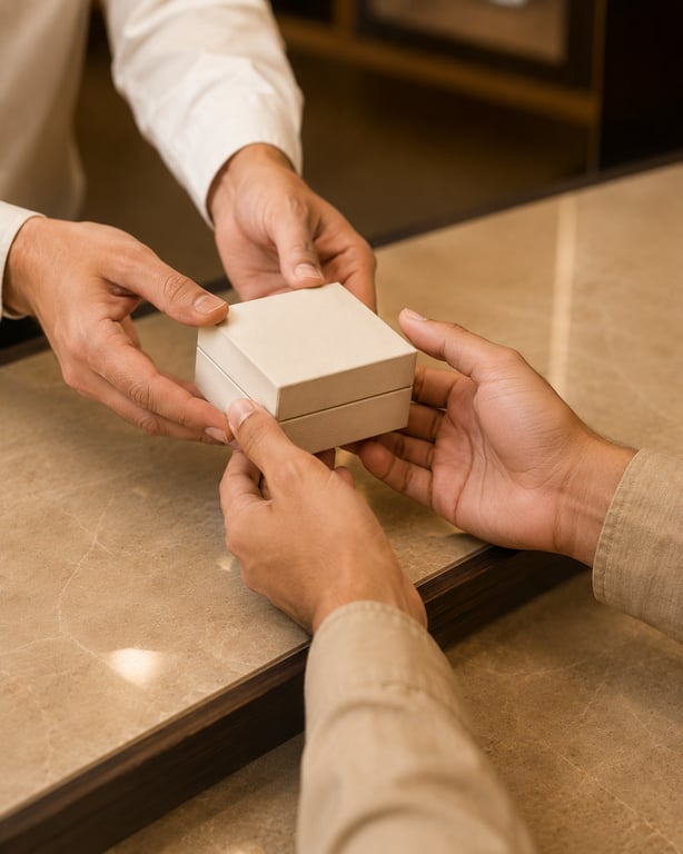 A jewellery box passed between two pairs of hands across a counter