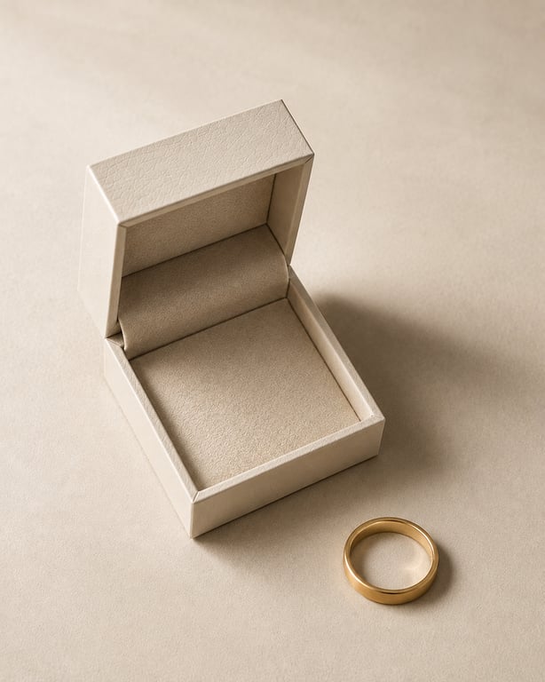 An open jewellery box in bone-coloured card with a gold band resting beside it