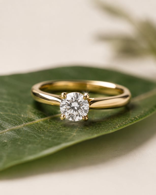 A diamond-set gold ring resting on a broad green leaf