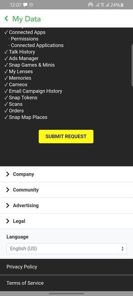 snapchat request data page