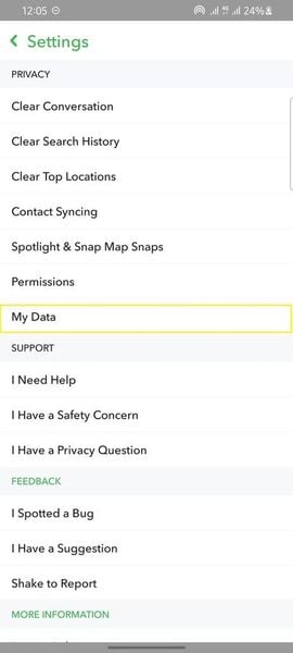 snapchat settings page