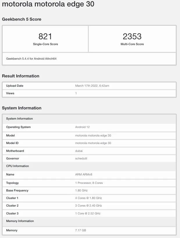 Motorola Edge 30 Geekbench