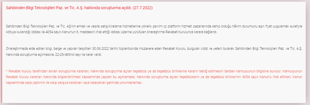 Sahibinden.com'a soruşturma için yapılan resmi açıklama