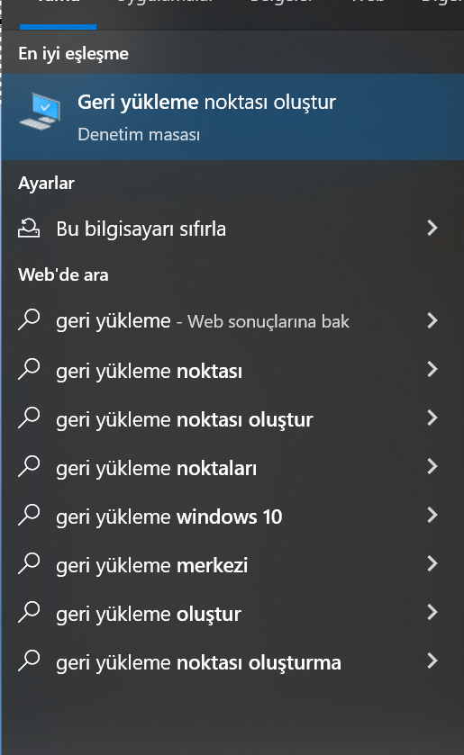 Windows 10 sistem geri yükleme