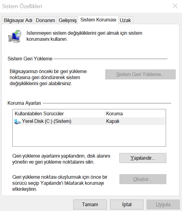 Windows 10 sistem geri yükleme