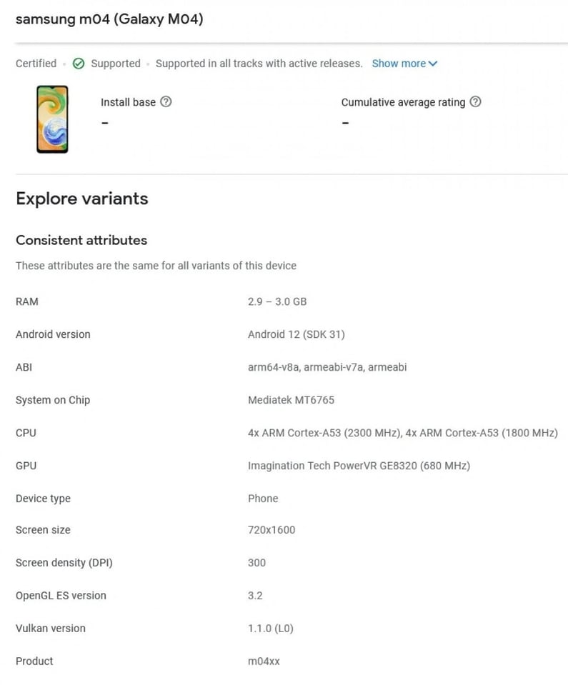Samsung Galaxy M04, Google Play'de görüldü 66