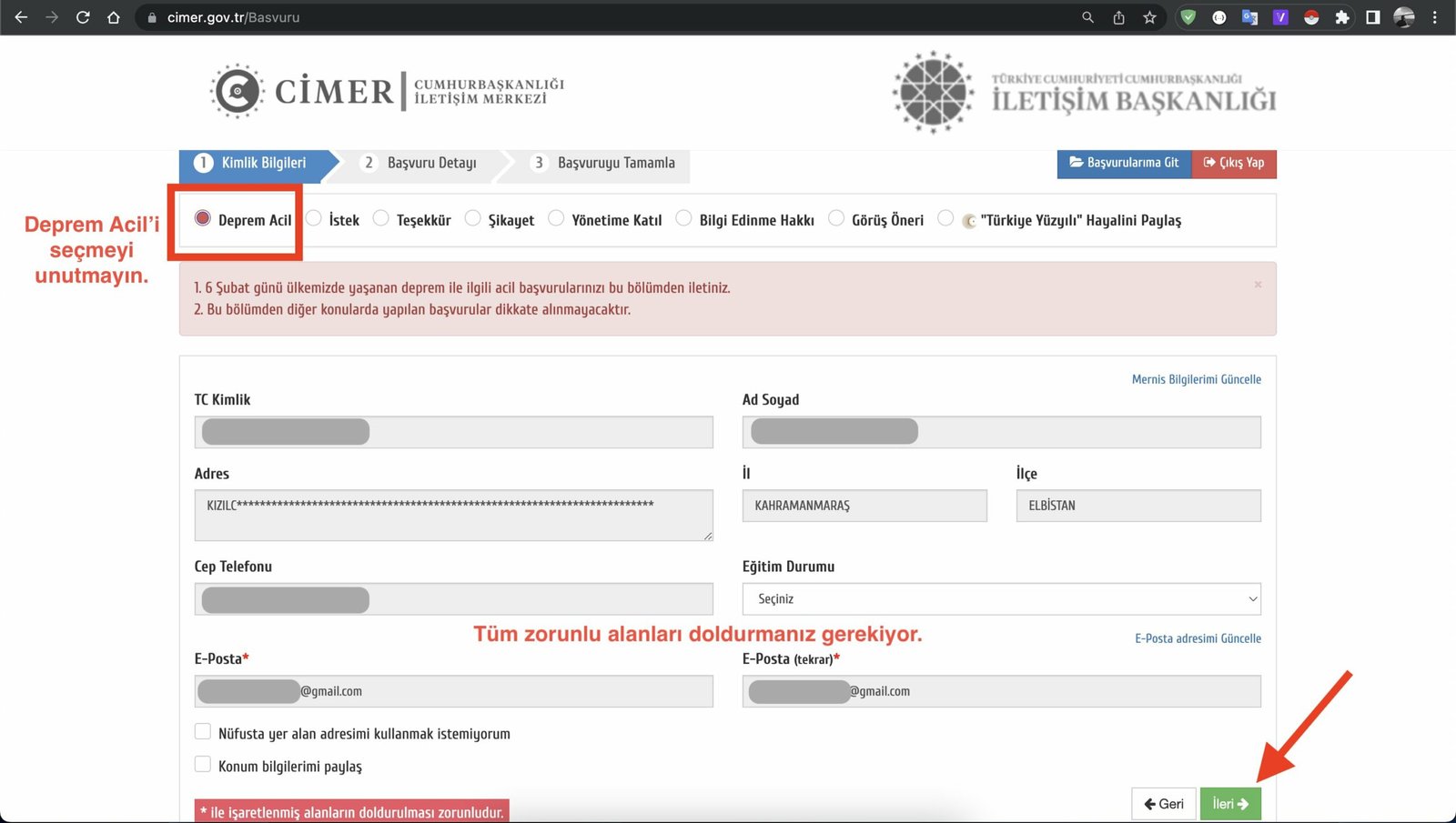 cimer deprem yardımı