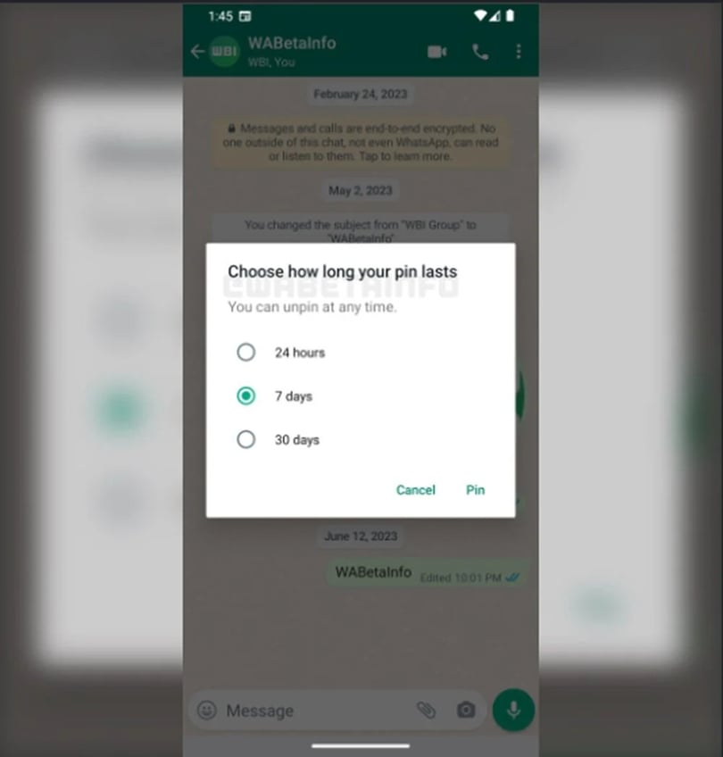 WhatsApp "Mesaj sabitleme süresi" isimli yeni özelliğini duyurdu 66 WhatsApp "Mesaj sabitleme süresi" isimli yeni özelliğini duyurdu