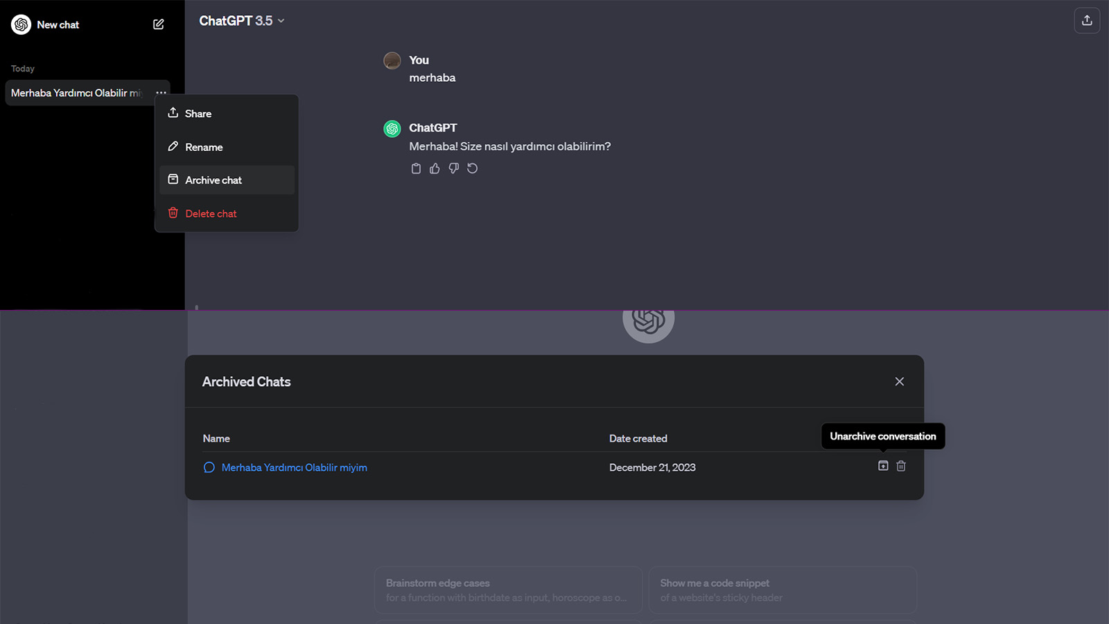 ChatGPT Arşiv Özelliği Kullanımı