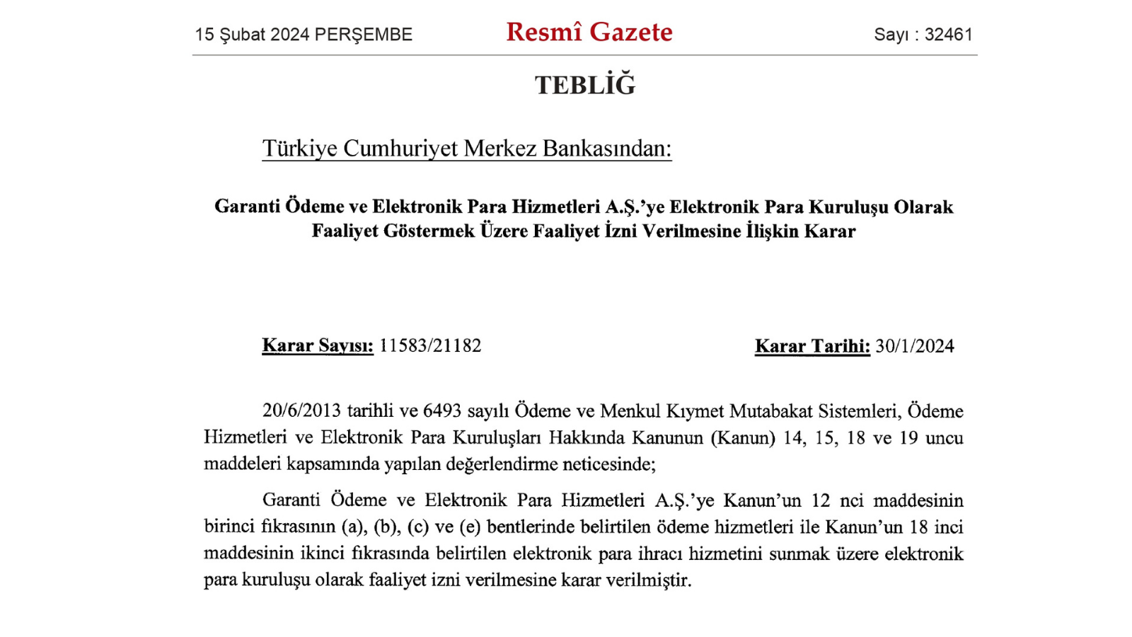 Garanti BBVA Bünyesindeki E-para Şirketine Faaliyet İzni 2 Resmi Gazete'de yayımlanan bildiri