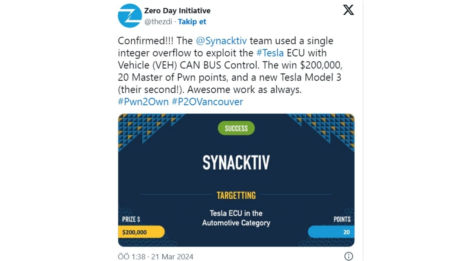 Tesla Hacker’ları Buldukları Açıkla Büyük Ödüller Kazandılar 2 Beyaz şapkalı Tesla hacker’ları olarak adlandırılan grup, buldukları birden fazla yeni açık üzerinden elde ettikleri erişim ile yine büyük bir ödül kazanmayı başardı.