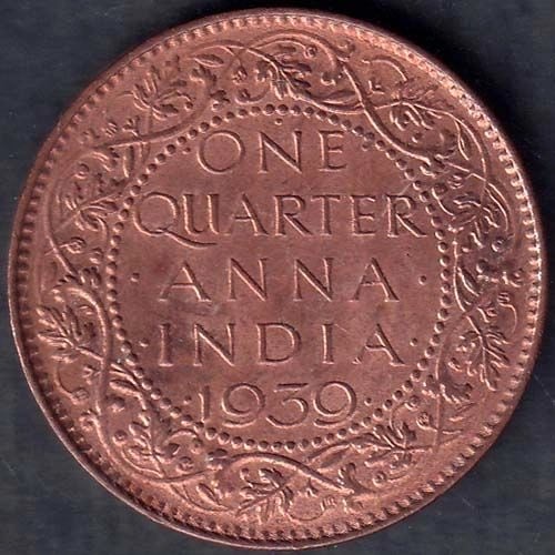 BRITISH INDIA 1939 GORGE VI KING ONE QUARTER ANNA COPPER COIN ANH308
