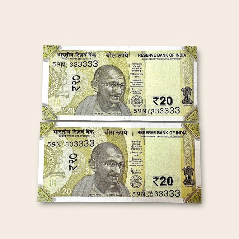 Rs 20 India Banknote Twin Pair Set GEM UNC 59N 333333 Unique And Rare
