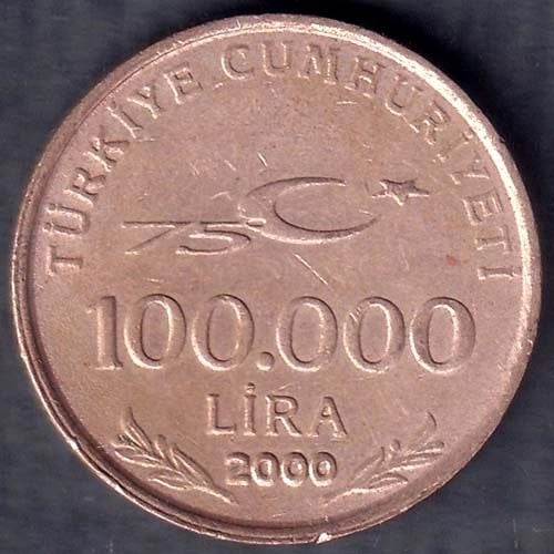 75th Anniversary Of Republic Turkiye 2000 Mustafa Kemal Ataturk 100 000 Lira Coin ANH403