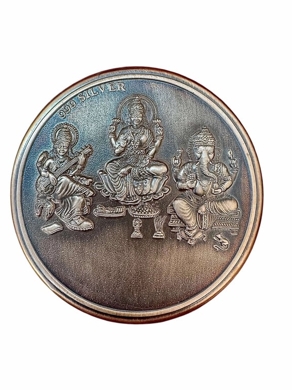 Rare Vintage Shri Laxmi Sarawati and Lord Ganesha 19th Century 5 Gm Silver 999 Ag Rubidium Finish Very Unique and Rare One of a Kind